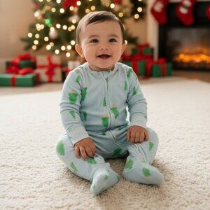 Old Navy Fleece Christmas Tree Sleeper 6 9 Months Blue Zip Up